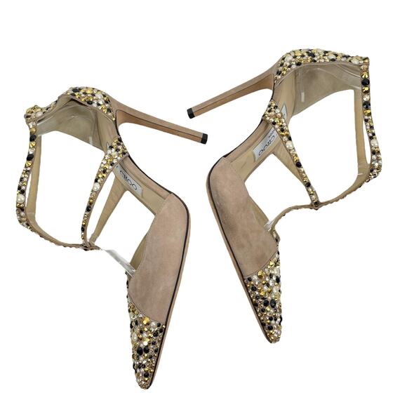 $1,750 Jimmy Choo Sanoi Crystals Tan Suede Embellished Shoes Size 38 (8) - Picture 3 of 12